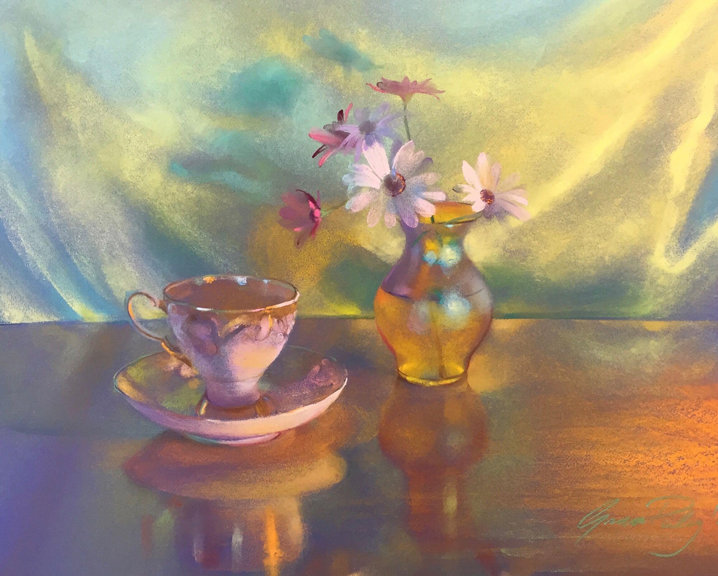 Grace Paleg Pastel Painting Daisies with mums teacups