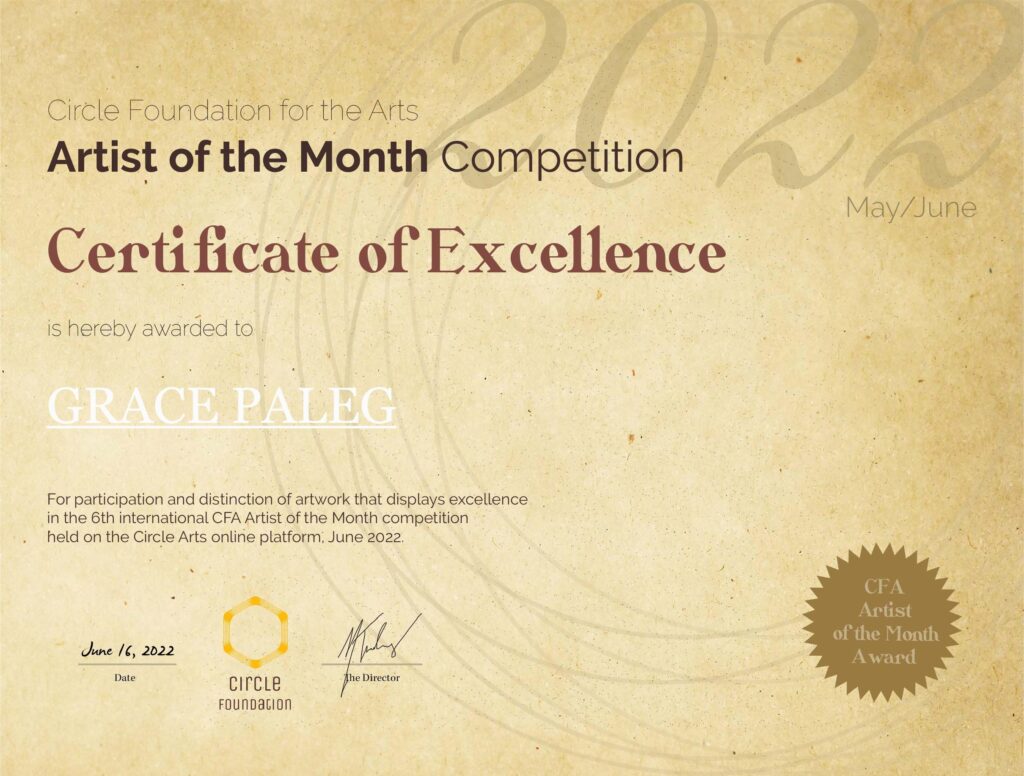  Certificate of Excellence Artist of The Month Competition Awards Grace Paleg 