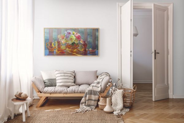 Lounge room setting with Canvas Print Pastel painting of flowers and glass jars