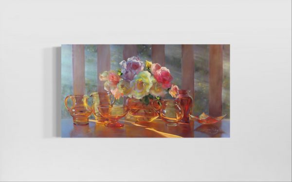 A pastel canvas print of pink and yellow roses in a glass vase, accompanied by glass vases and pots