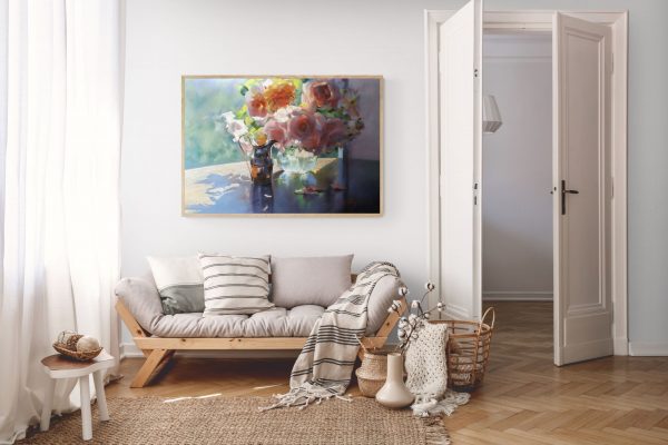 Lounge room setting with Canvas Print Pastel painting of silver roses in a glass vase