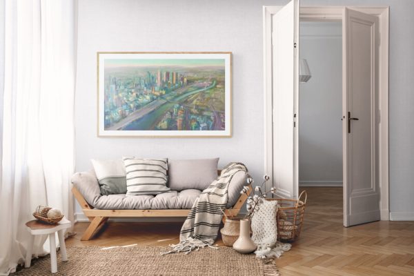 Lounge room setting with Canvas Print Pastel painting of Melbourne Cityscape